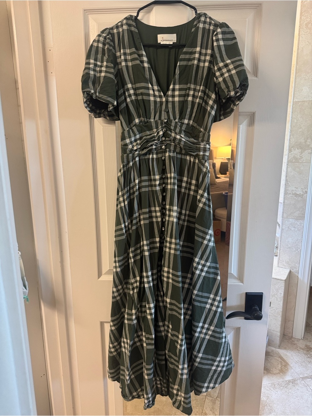 Anthropologie Green and White Plaid Maxi Dress